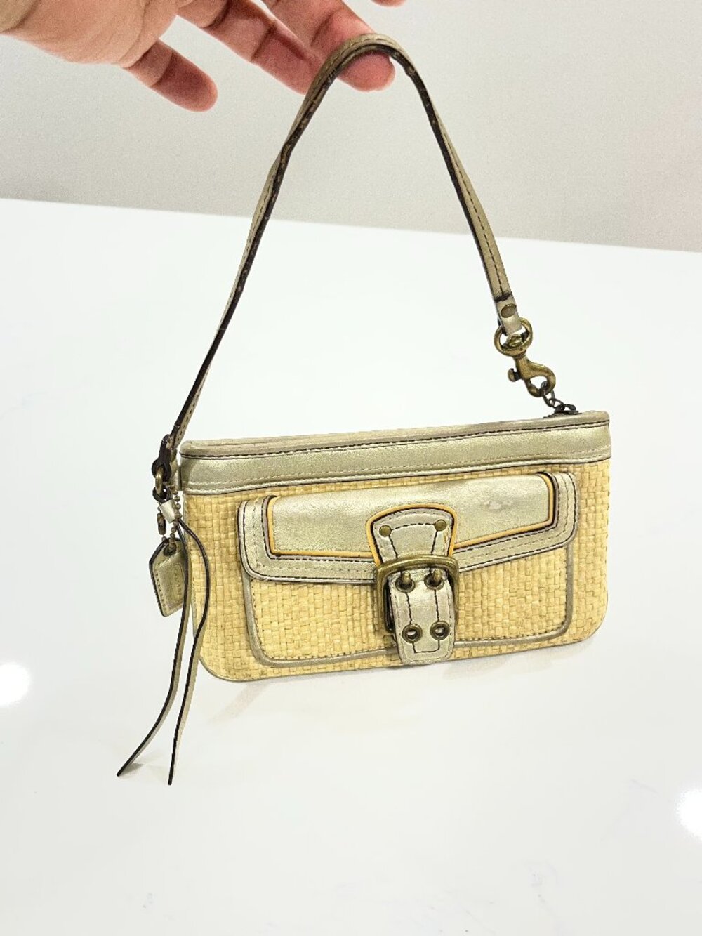 Y2K Coach Legacy Woven Straw and Metallic Leather Wristlet